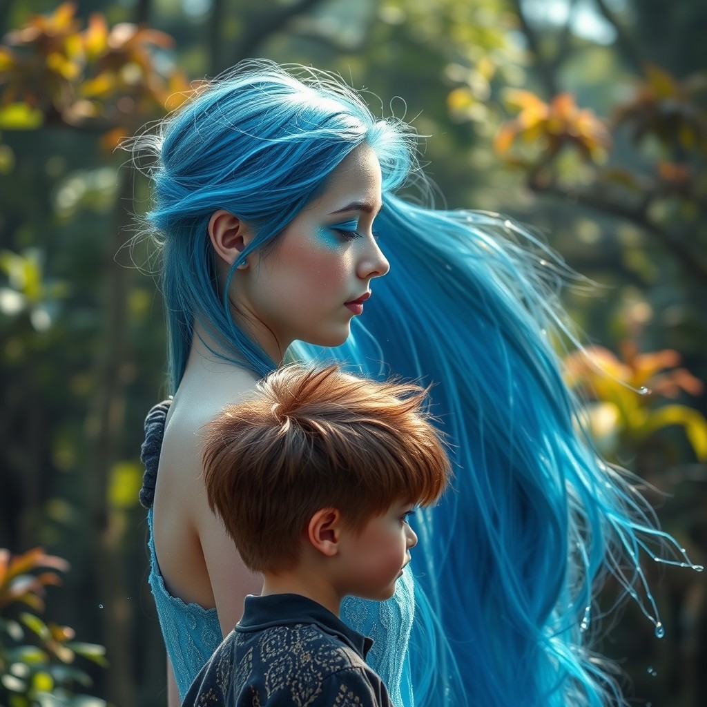 A detailed side profile of a girl with long, flowing blue hair and shimmering blue makeup, embodying a water aesthetic as she elegantly manifests water in a graceful manner