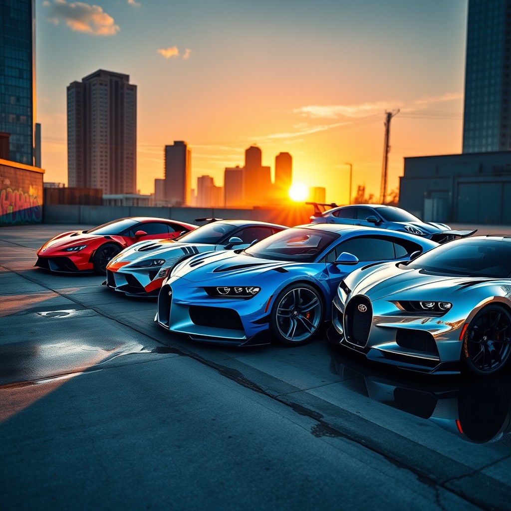 A stunning digital artwork showcasing a modified Lamborghini, Toyota Supra, and Bugatti Chiron parked together in a vibrant urban landscape at sunset