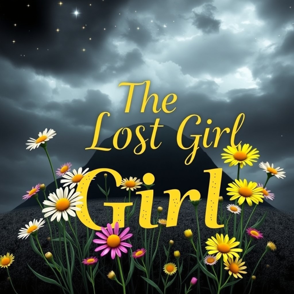 A whimsical book cover featuring bright, cheerful daisies blooming in vibrant colors on a gloomy Neverland island