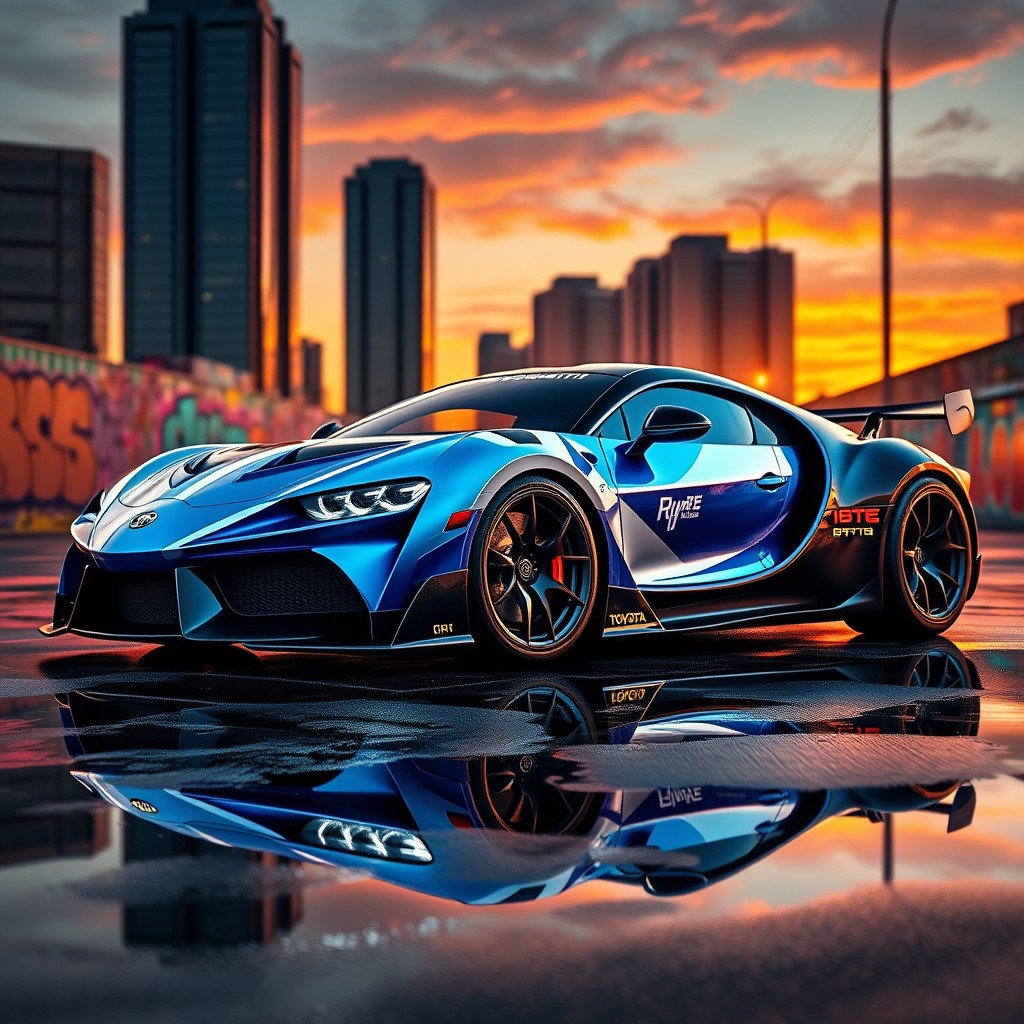 A striking digital artwork that creatively combines a modified Lamborghini, Toyota Supra, and Bugatti Chiron into a single breathtaking vehicle