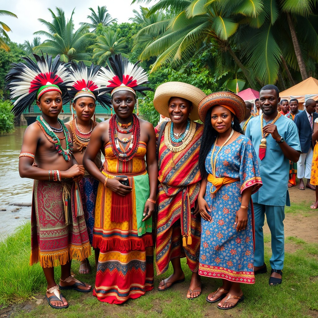 A vibrant cultural scene depicting Saamaka and ABC Creole people in traditional attire, celebrating their heritage