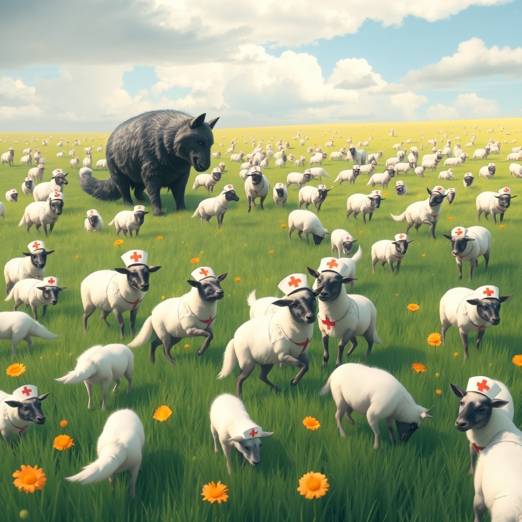 A surreal scene on a vast meadow filled with silly sheep wearing matching nurse uniforms, frolicking and grazing