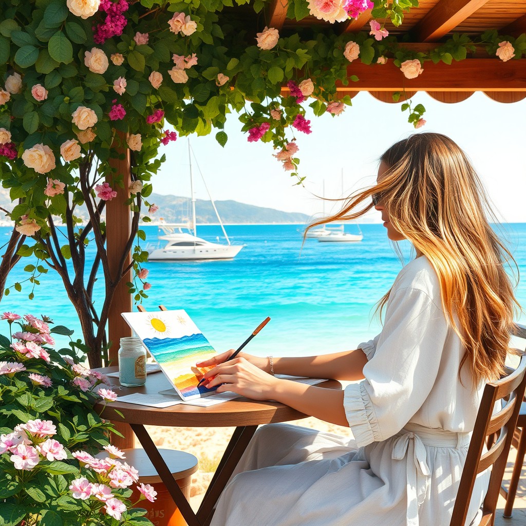 A young woman sitting at a table in a cozy outdoor seaside café during summer, painting a vibrant watercolor artwork