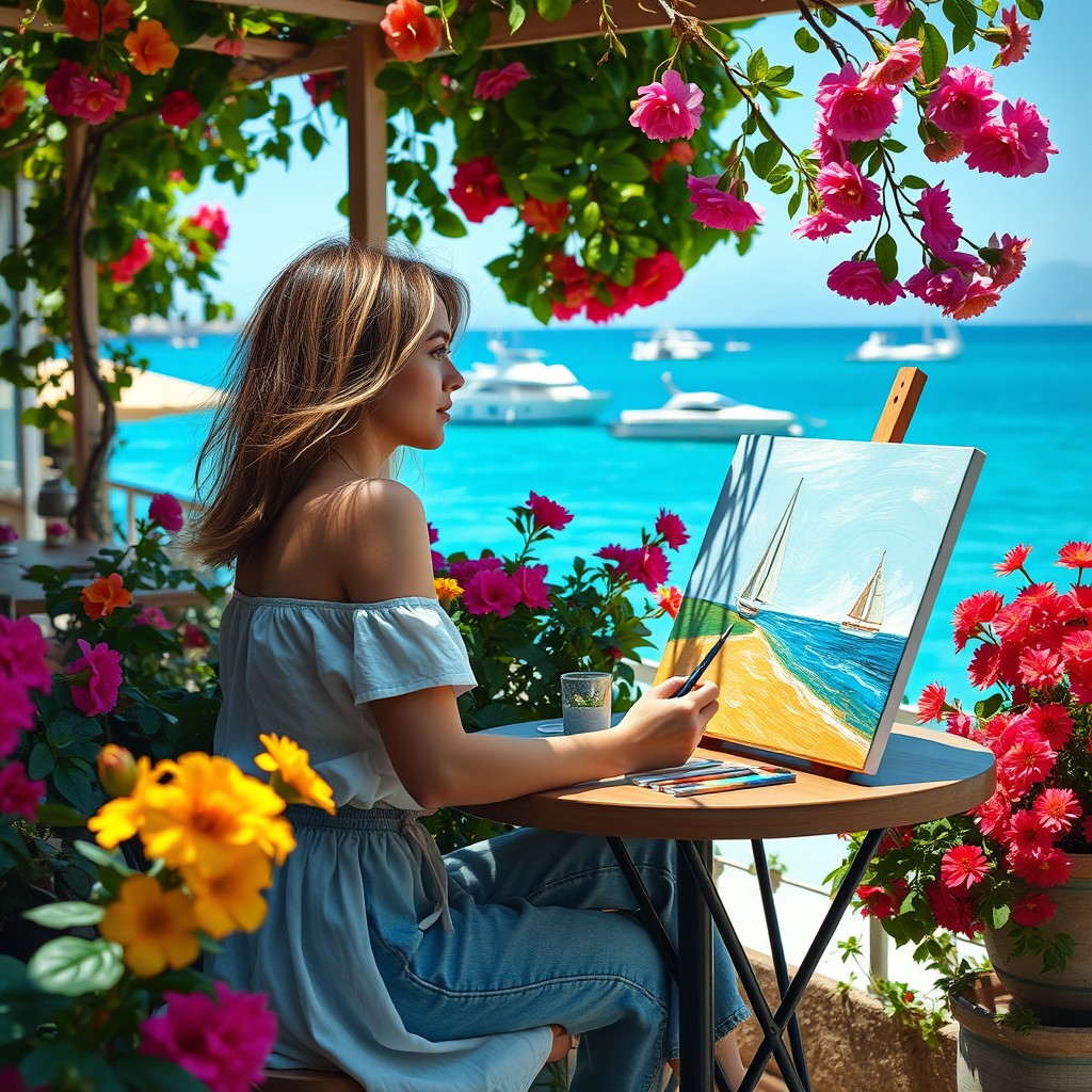 A young woman sits sideways at a table in a cozy outdoor seaside café on a beautiful summer day, painting with acrylics on a canvas
