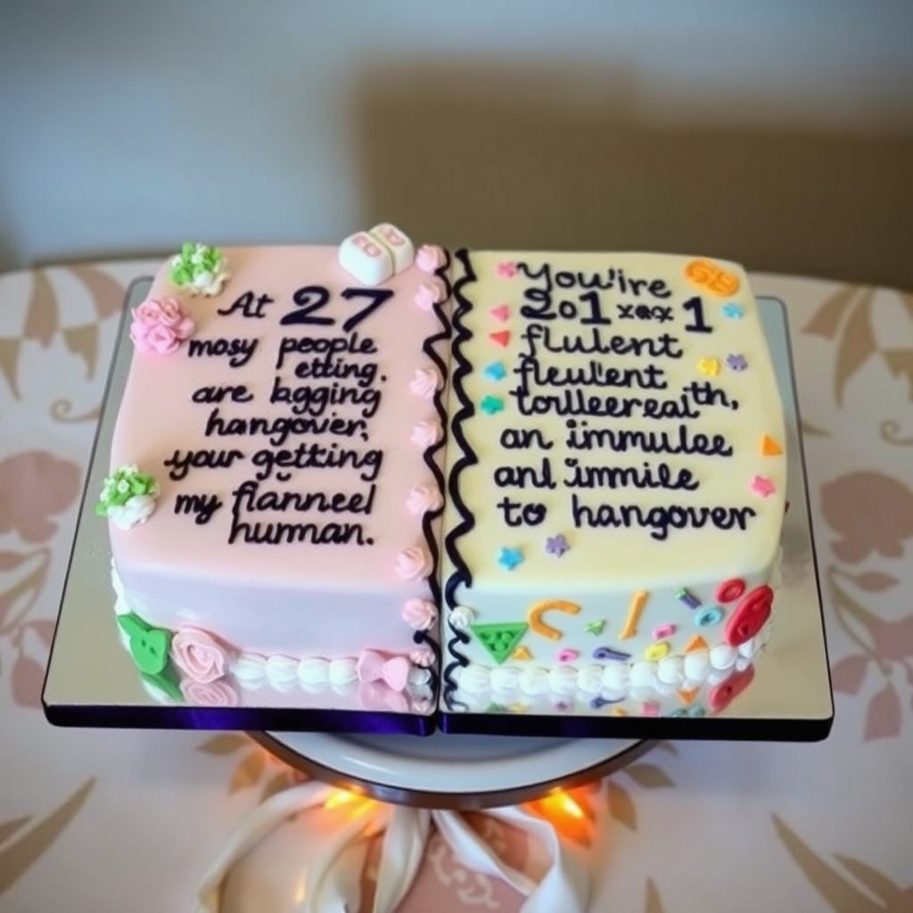 A beautifully designed cake split in half, on one side for a 27-year-old pregnant woman featuring the quote: "At 27 most people are getting hangover, you are getting a human" in elegant script