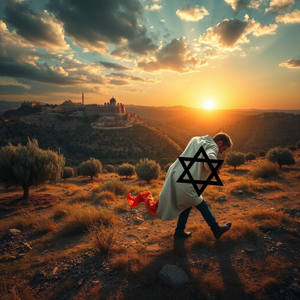 A dramatic and powerful image representing a symbolic struggle, where the land of Palestine is artistically depicted as a majestic, vibrant landscape, filled with olive trees and historical landmarks