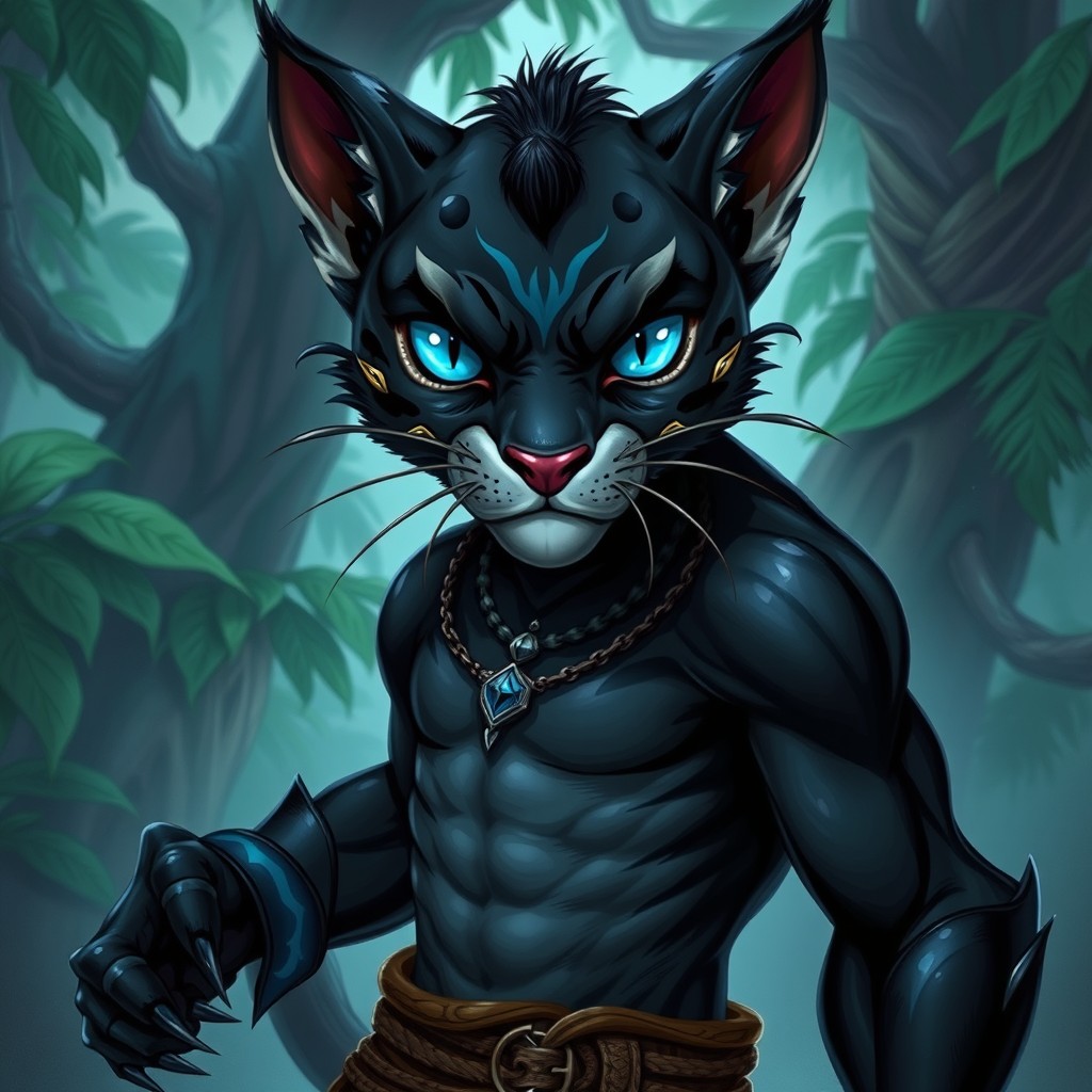 A Dungeons and Dragons character, depicted as a tabaxi with jaguar-like features