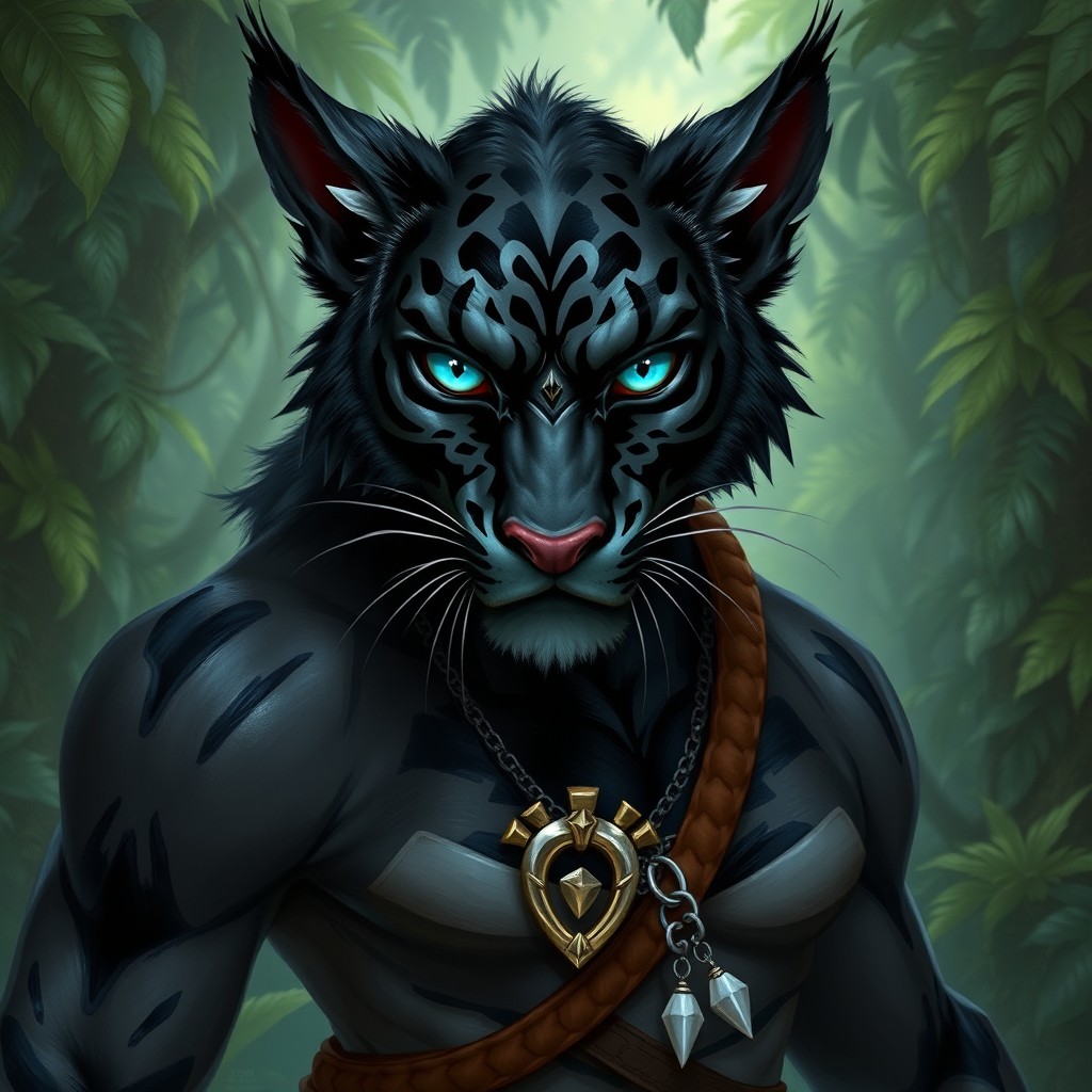 An adult male tabaxi character from Dungeons and Dragons, featuring a jaguar-like humanoid appearance