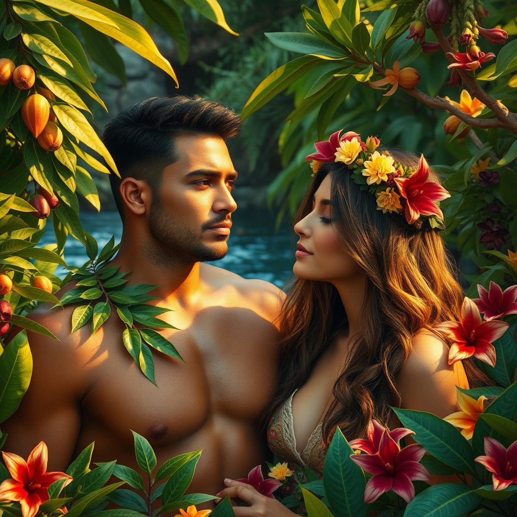 Adan y Eva en el Paraíso, rodeados de exuberante vegetación tropical, árboles frutales, y flores vibrantes