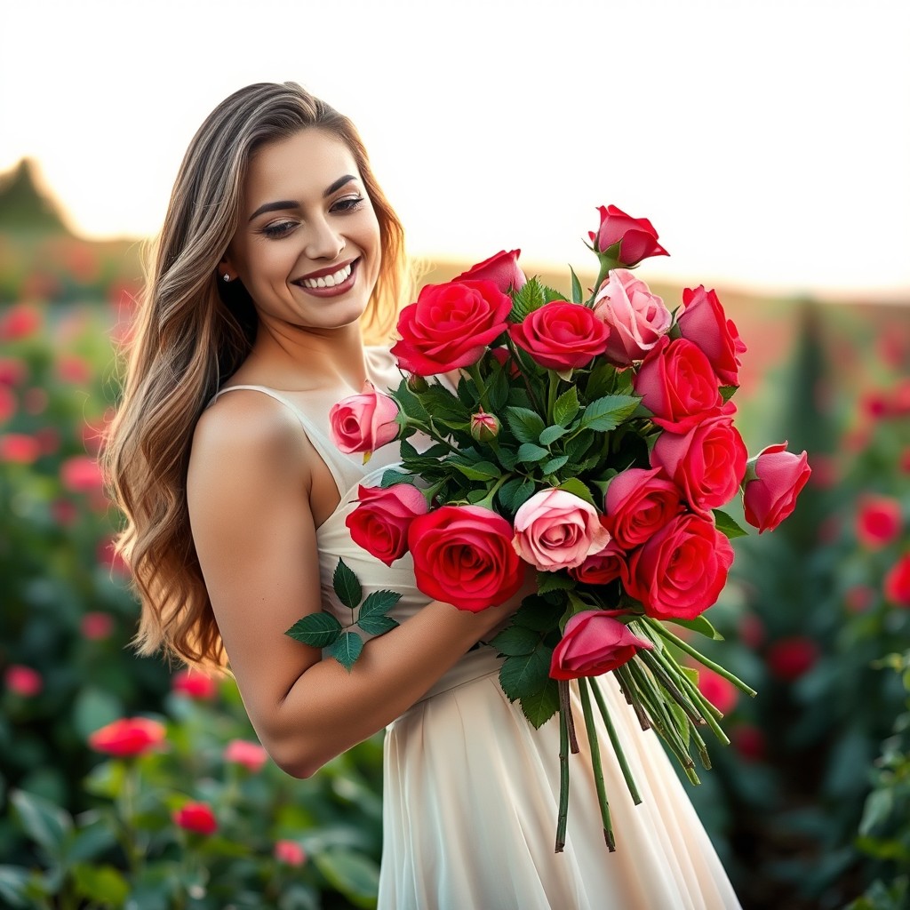 Una mujer adulta sosteniendo un hermoso ramo de rosas en colores rojo y rosa