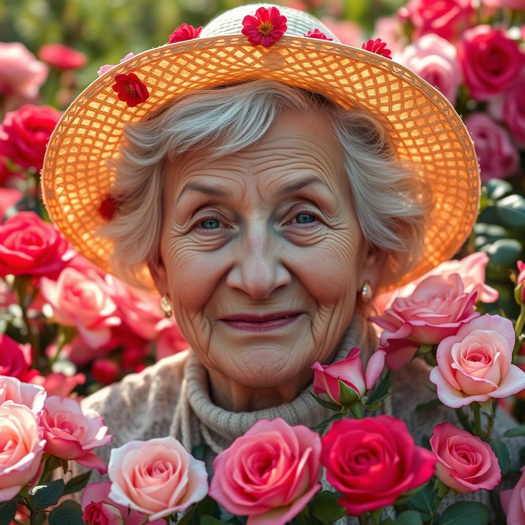 El rostro de una abuelita cariñosa y sonriente, rodeada de un hermoso campo de rosas de diversos colores