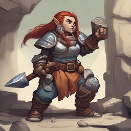 A heavily armored female dwarf with earthbending skills conjures a sturdy wall composed of rocks and wood, dramatically rising from the ground via her potent powers.