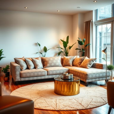 A cozy and inviting living room featuring a stylish sofa, adorned with plush cushions