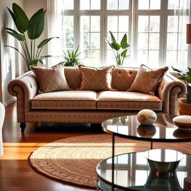 A cozy and inviting living room featuring a stylish sofa, adorned with plush cushions