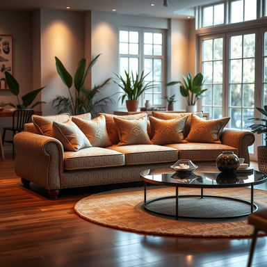 A cozy and inviting living room featuring a stylish sofa, adorned with plush cushions