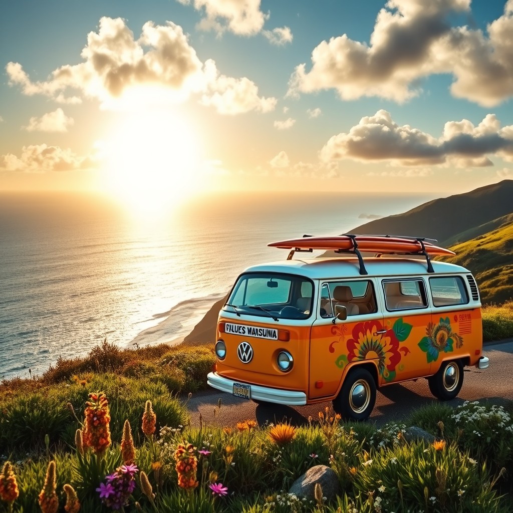 A classic Volkswagen van parked on a scenic coastal road, surrounded by lush green hills and the sparkling blue ocean in the background