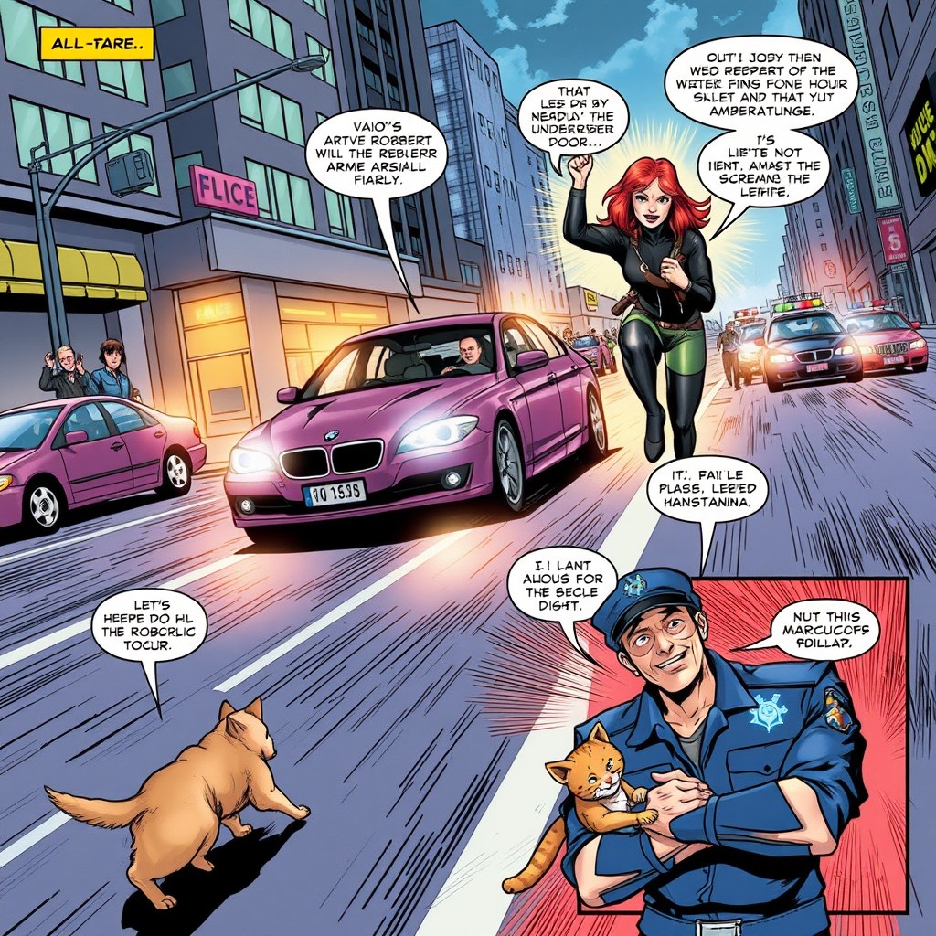 A vibrant comic book scene set on a busy city street, featuring a speeding car in pursuit by police