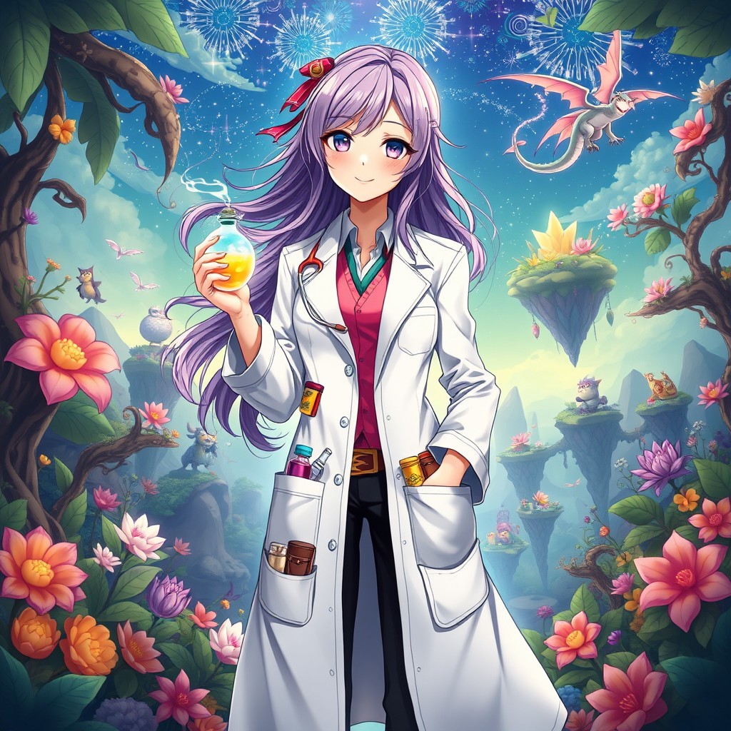 A female doctor in an anime style, set in a vibrant and fantastical world filled with magical creatures and exotic landscapes