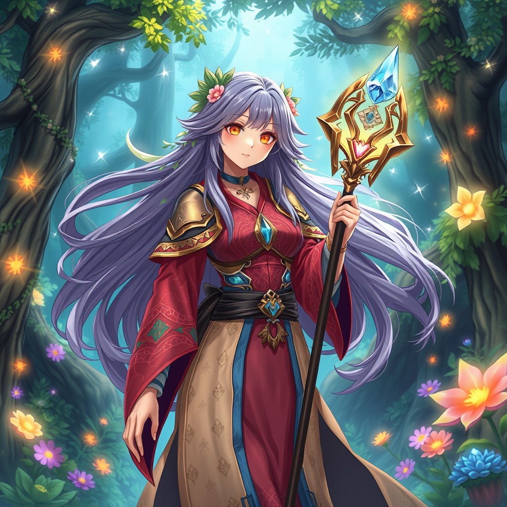 A female healer in an anime style, set in a vibrant fantasy world