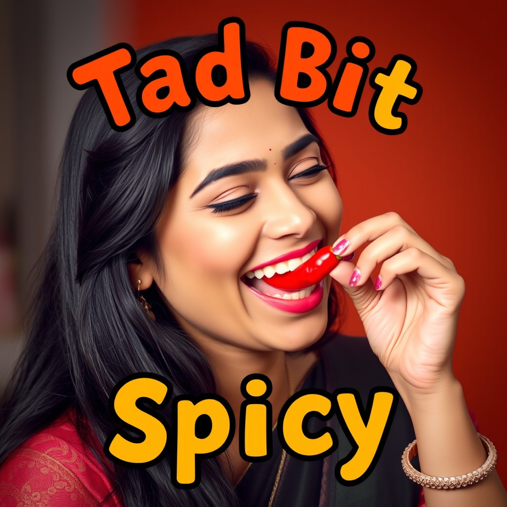 An Indian woman, with long dark hair, wearing traditional Indian attire, is playfully biting into a small bright red chili pepper