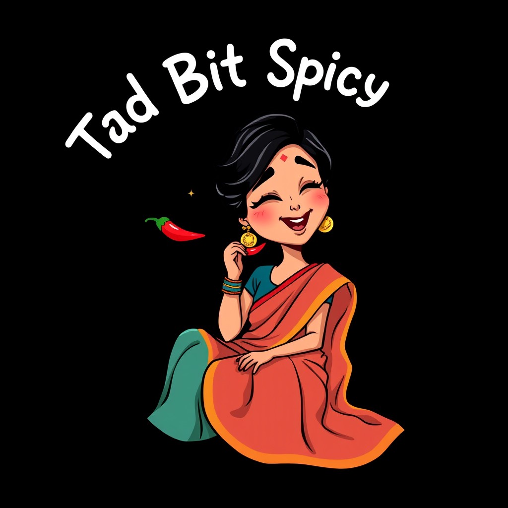 A cartoon-style depiction of an Indian woman sitting down, elegantly dressed in a colorful saree, playfully eating a small bright red chili pepper