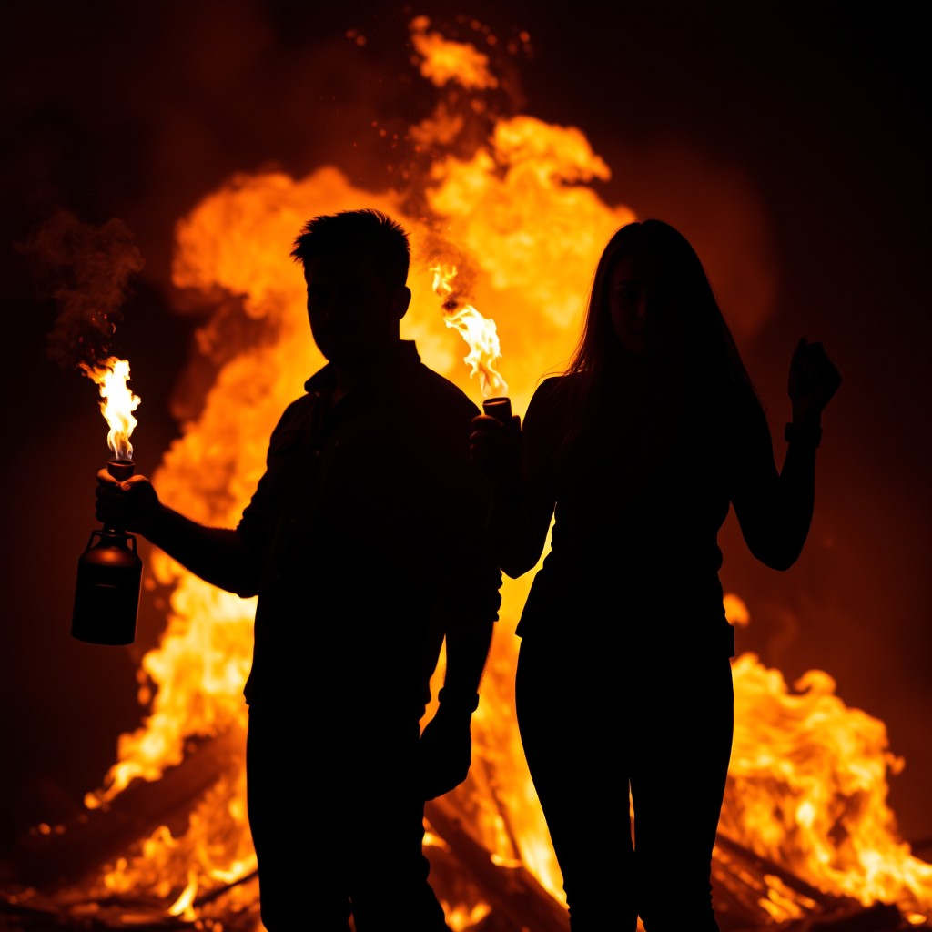 A dramatic scene set against a fiery background, showcasing two silhouettes: one male and one female