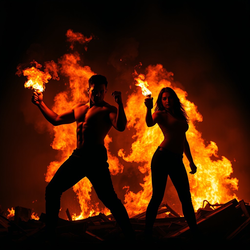 A dramatic scene set against a fiery background, featuring two aggressive silhouettes, one male and one female