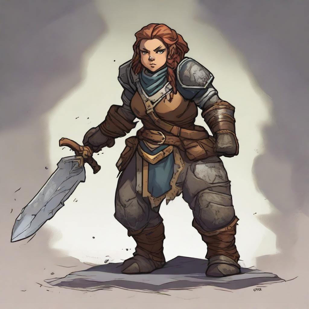 A heavily armored female dwarf with earthbending skills conjures a sturdy wall composed of rocks and wood, dramatically rising from the ground via her potent powers.