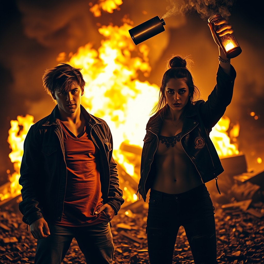 In a dramatic scene, set against a backdrop of roaring flames, two aggressive shadows are illuminated by the firelight