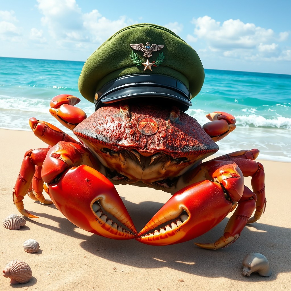A large, robust crab with big claws and a textured shell in shades of red and brown