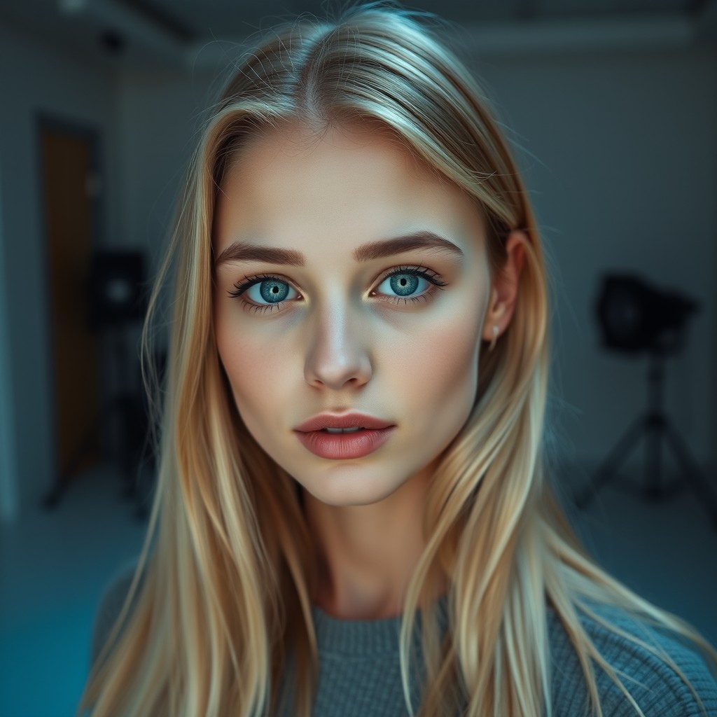A young woman, 25 years old, with long blonde hair and fair skin, striking green eyes, wearing natural makeup