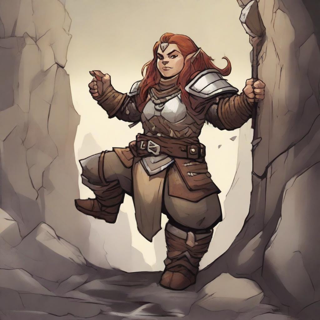 A heavily armored female dwarf with earthbending skills conjures a sturdy wall composed of rocks and wood, dramatically rising from the ground via her potent powers.