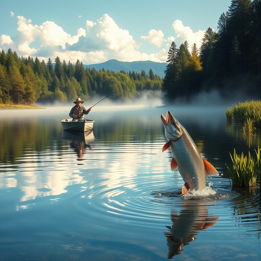 A serene freshwater scene depicting a peaceful morning on a lake as an angler patiently fishes for pike