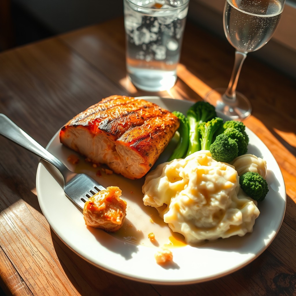 A half-eaten meal beautifully arranged on a rustic wooden table