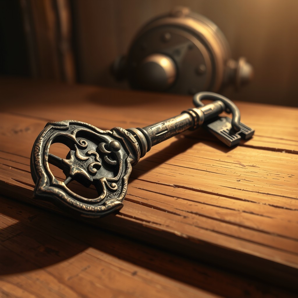 A highly detailed illustration of a vintage key resting on an old wooden table, with intricate engravings and a worn patina