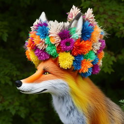 A nature scene portraying a fox wearing a crown of fake, colorful flowers on its head.