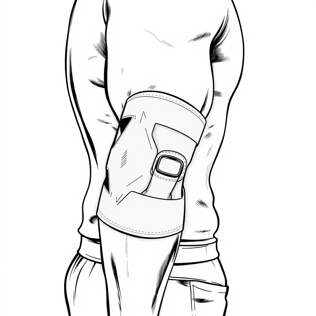 A technical black and white illustration of a small, sleek CrossFit elbow brace worn by a man