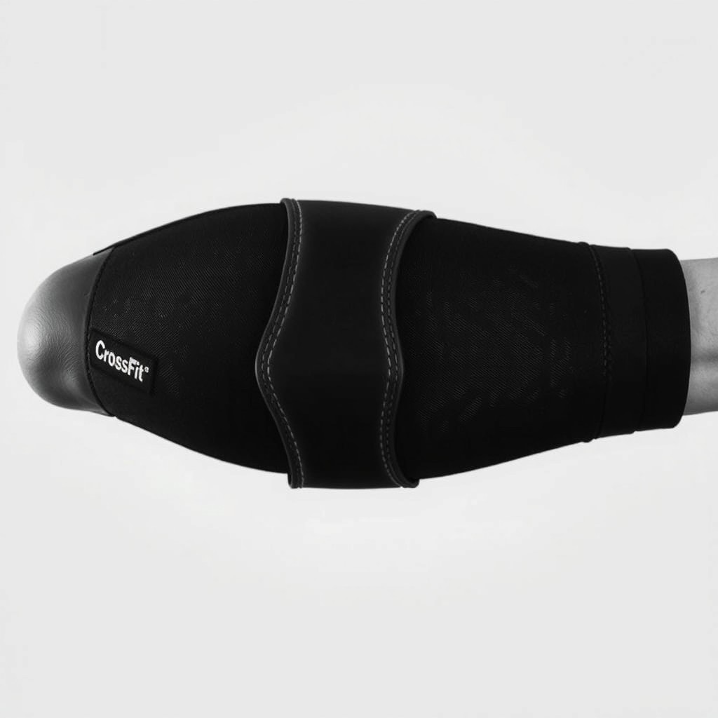 A black and white image of a man's arm featuring a small, simple CrossFit elbow brace