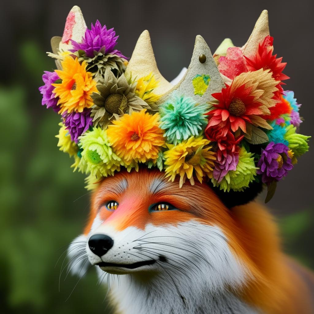 A nature scene portraying a fox wearing a crown of fake, colorful flowers on its head.