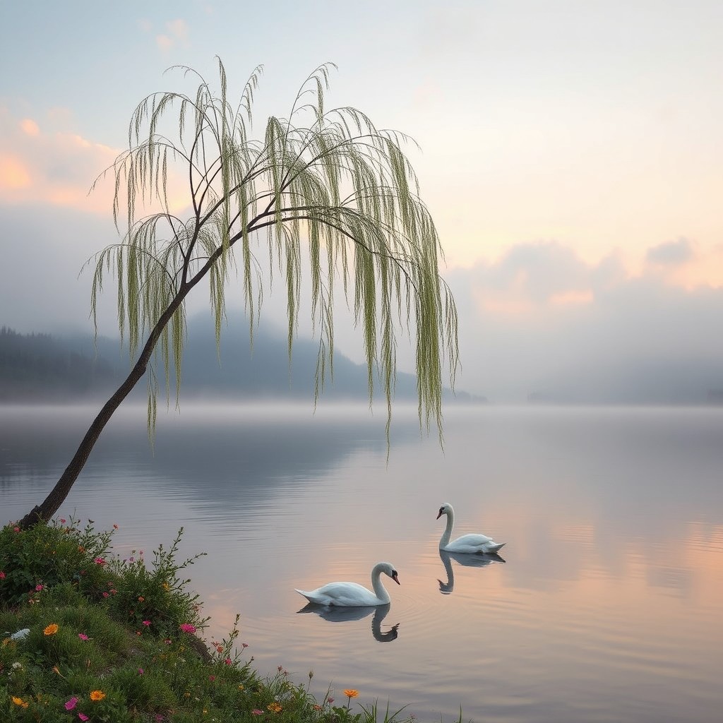 An ethereal landscape at dawn, where the first light of day illuminates a serene lake, surrounded by mist-covered mountains