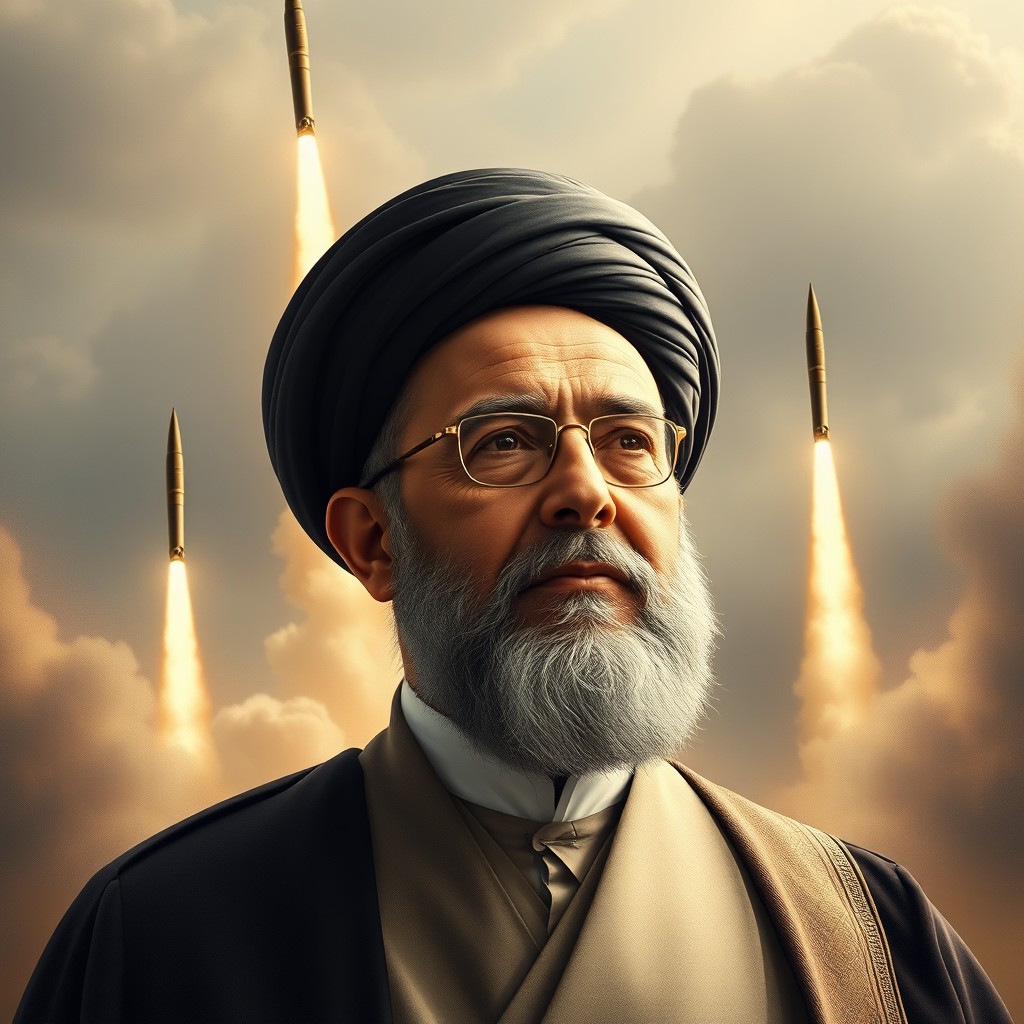 Elegant Portrait of Ayatollah Ali Khamenei with Dramatic Rocket Launches