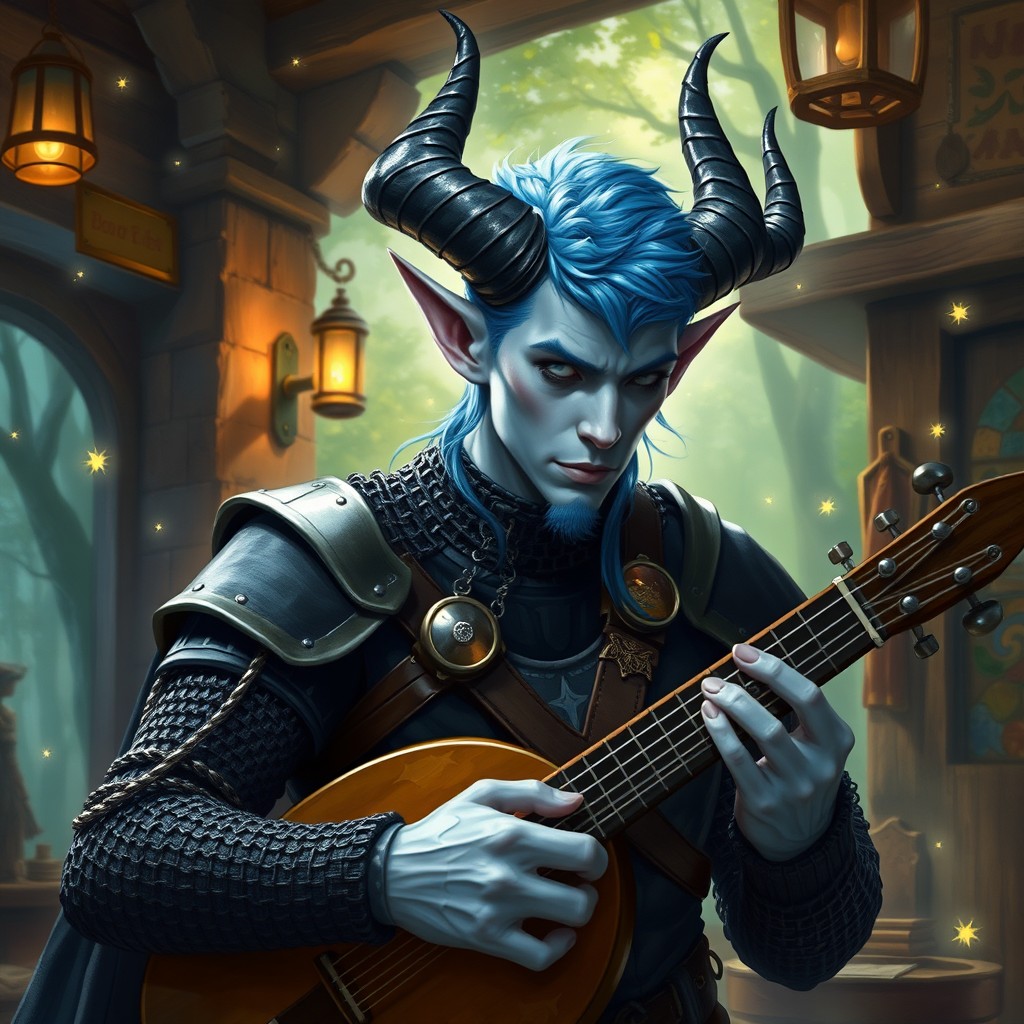 A tiefling bard wearing sleek black chainmail armor, showcasing their unique features with striking blue hair that contrasts beautifully against their pale blue skin