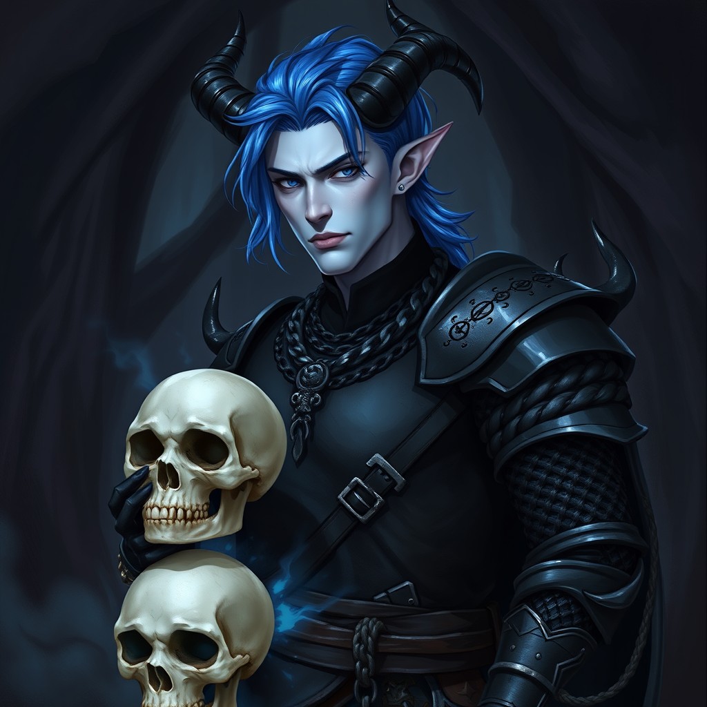A male tiefling character wearing sleek black chainmail armor, showcasing a striking appearance with vivid blue hair that highlights his pale blue skin