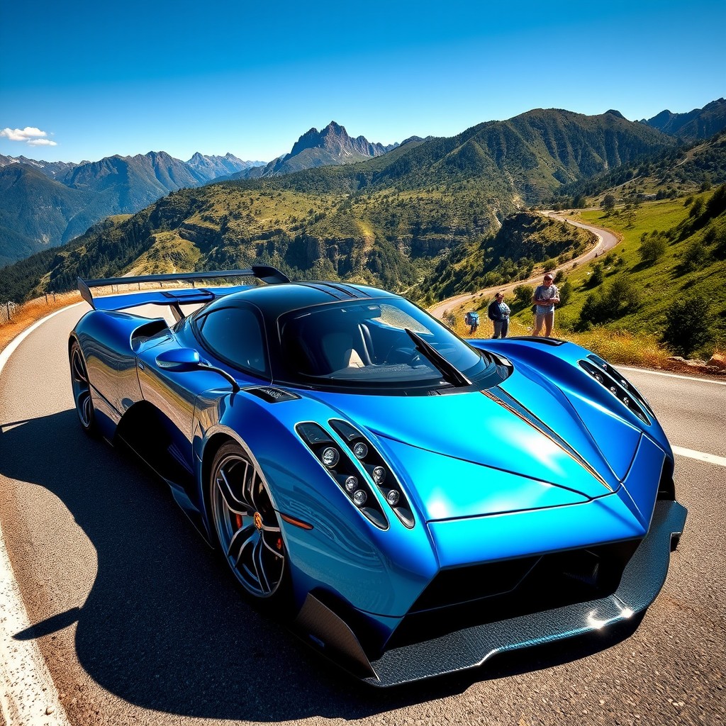 A stunning Pagani Utopia parked on a winding mountain road, showcasing its sleek curves and aggressive lines