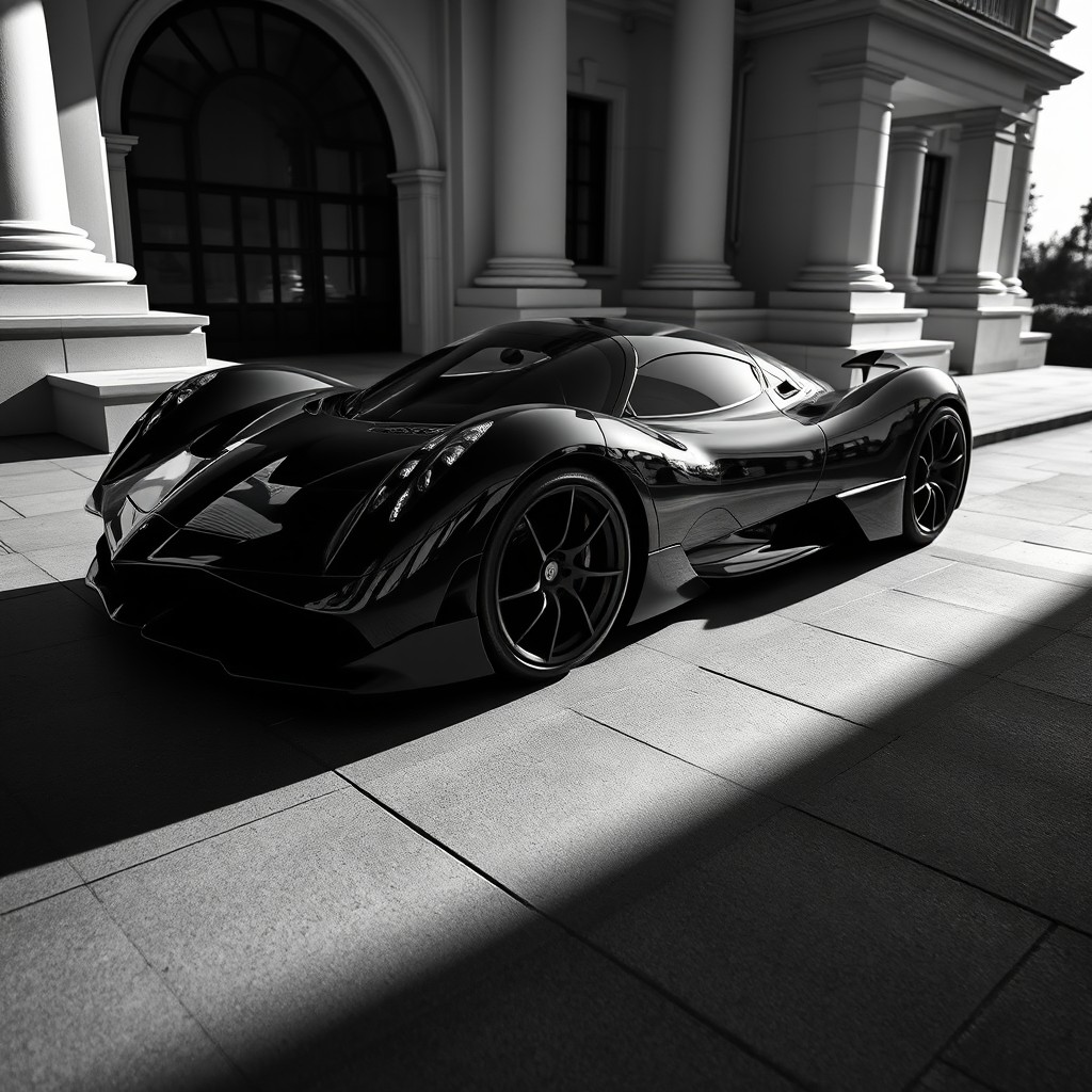 A breathtaking black and white image of a Pagani Utopia, showcasing its sculptural form and innovative design
