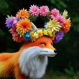 A nature scene portraying a fox wearing a crown of fake, colorful flowers on its head.