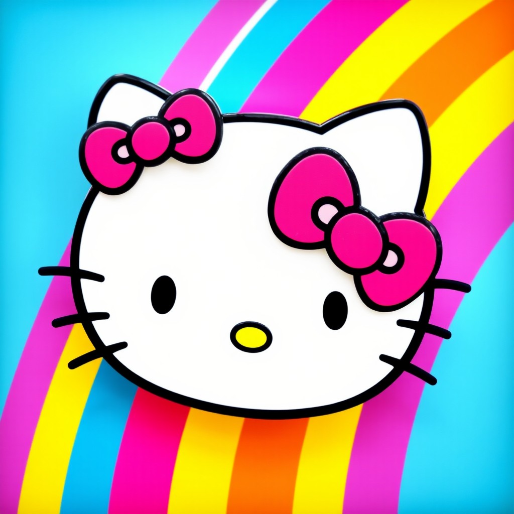 A vibrant and colorful representation of Hello Kitty's face adorned with a rainbow background