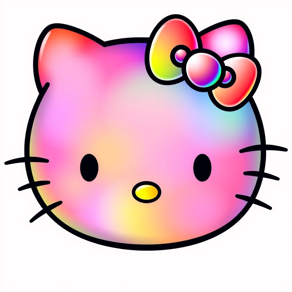 A colorful, vibrant illustration of a Hello Kitty face adorned with rainbow hues