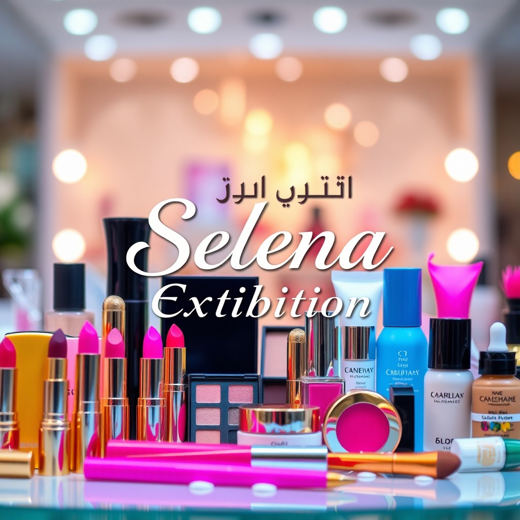 A vibrant and aesthetically pleasing display of various cosmetic products such as lipsticks, eyeshadows, foundation, and skincare bottles