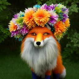 A nature scene portraying a fox wearing a crown of fake, colorful flowers on its head.